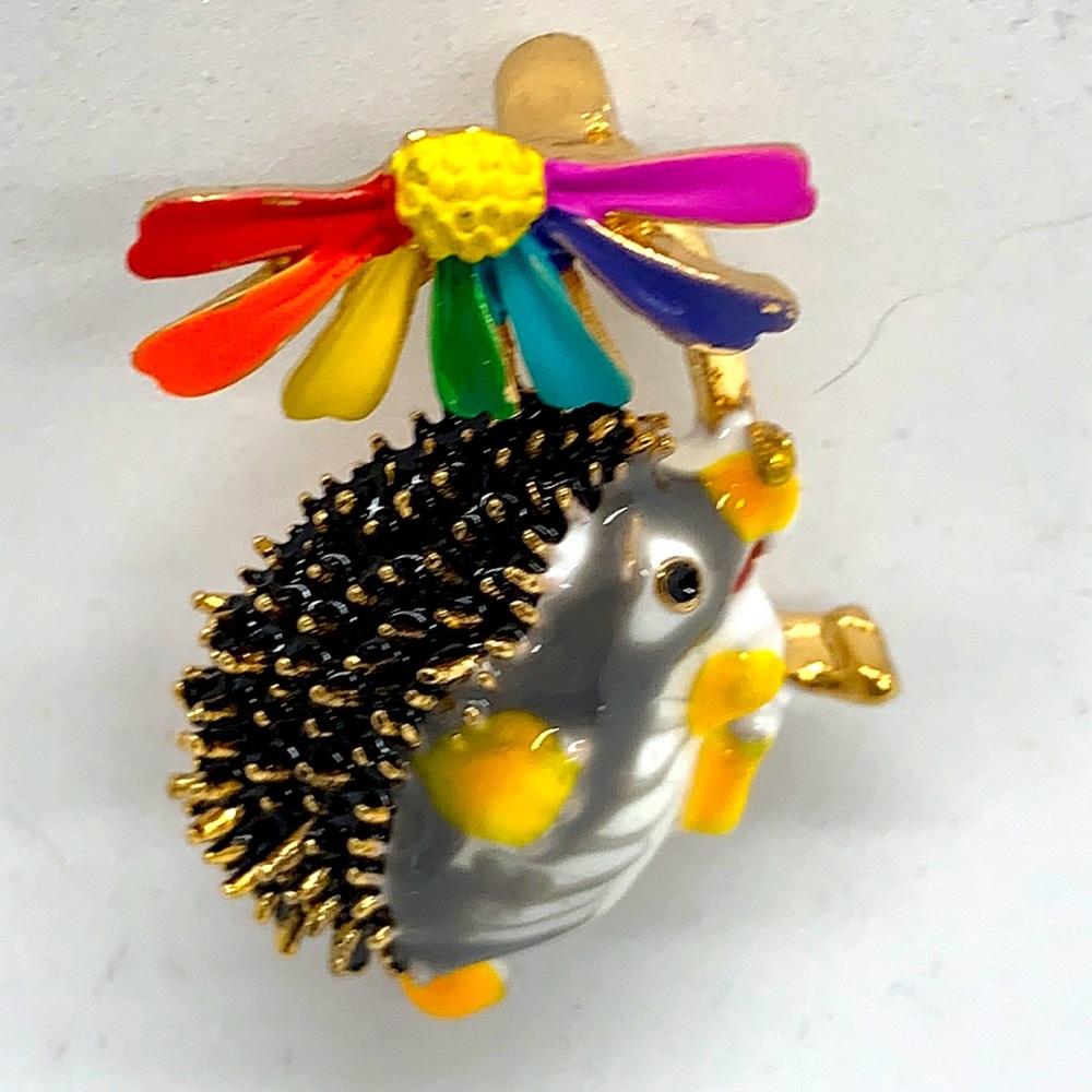 Hedgehog with flower umbrella brooch